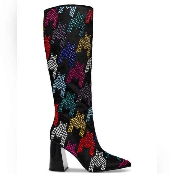 🔹️BETSEY JOHNSON🔹️ Black Multi Naomy Sequin Houndstooth Tall Knee High Boots - Picture 2 of 6